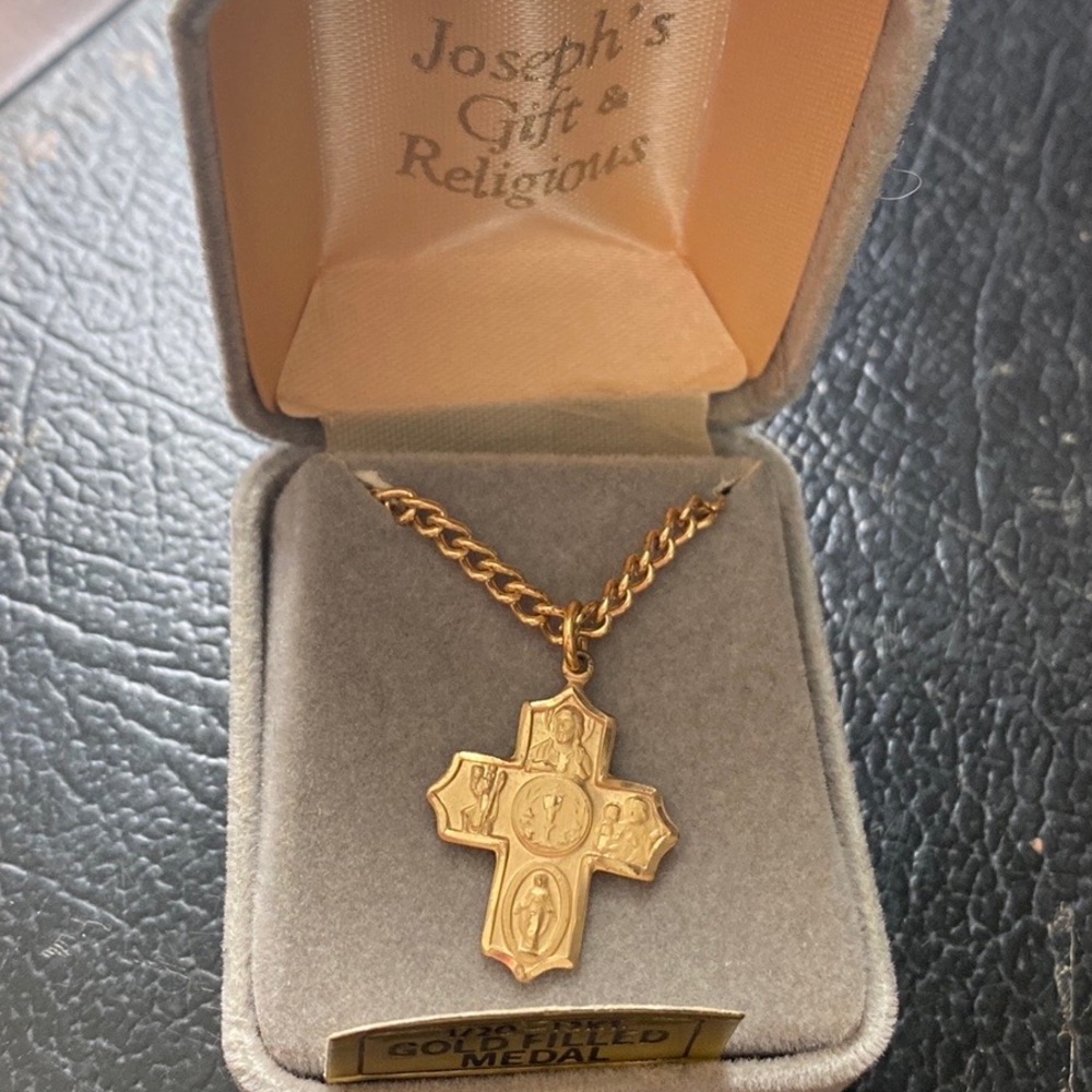 Vintage 12kt gold filled cross pendant w chain - Saint Joseph / St. Christopher
